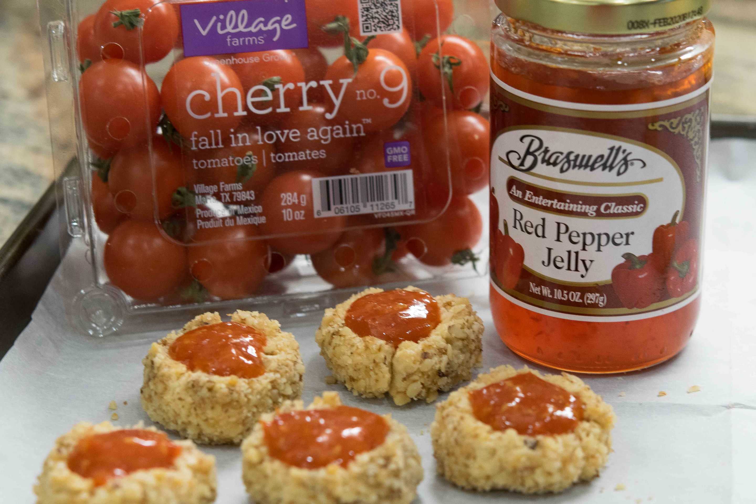 5 Thumbprint Cookies shown with Cherry Tomatoes and Red Pepper Jelly - Photo by Nancy Farrar