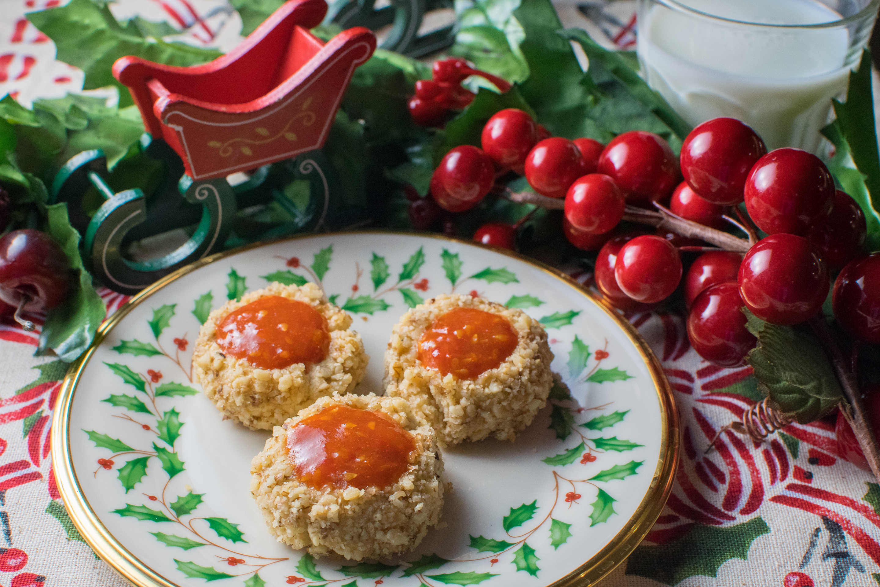 3 Tumbprint Cookies on decorative holiday plate - Photo by Nancy Farrar