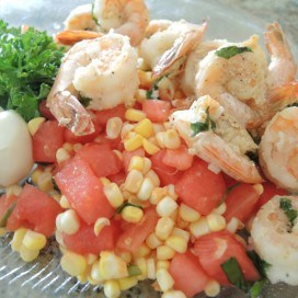 Grilled Shrimp with Watermelon, Basil, Corn and Burrata