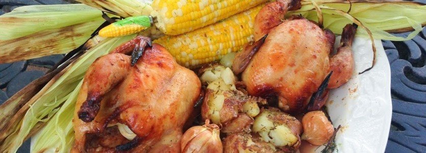 Cornish Game Hens, Crispy Smashed Potatoes & Corn-on-the-cob