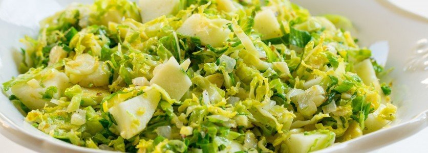 Shaved Brussels Sprouts with Onion and Red Apple